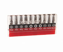 Набор вставок RF-21010: 1/4"DR 6-гранных (PH.0,1,2,3; PZ.1,2,3; шлиц. 4,5.5, 6.5мм - 25ммL) 10пр. RO